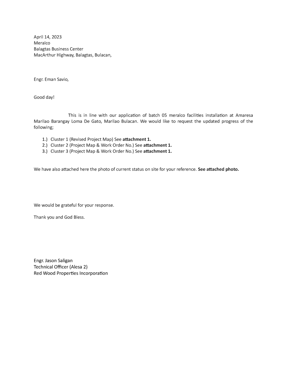 Follow up letter - April 14, 2023 Meralco Balagtas Business Center ...