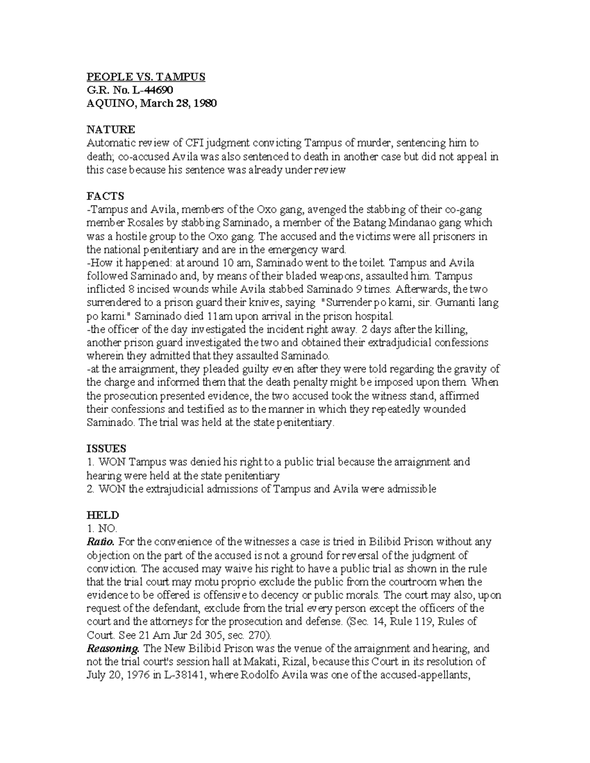 76883513 People vs Tampus Digest - PEOPLE VS. TAMPUS G. No. L- AQUINO ...