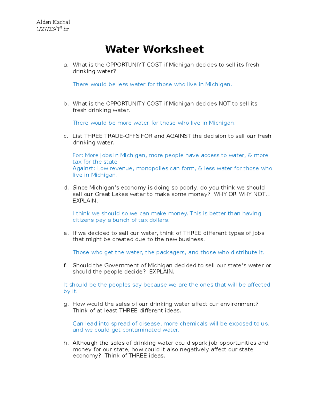 water case study analysis worksheet answers