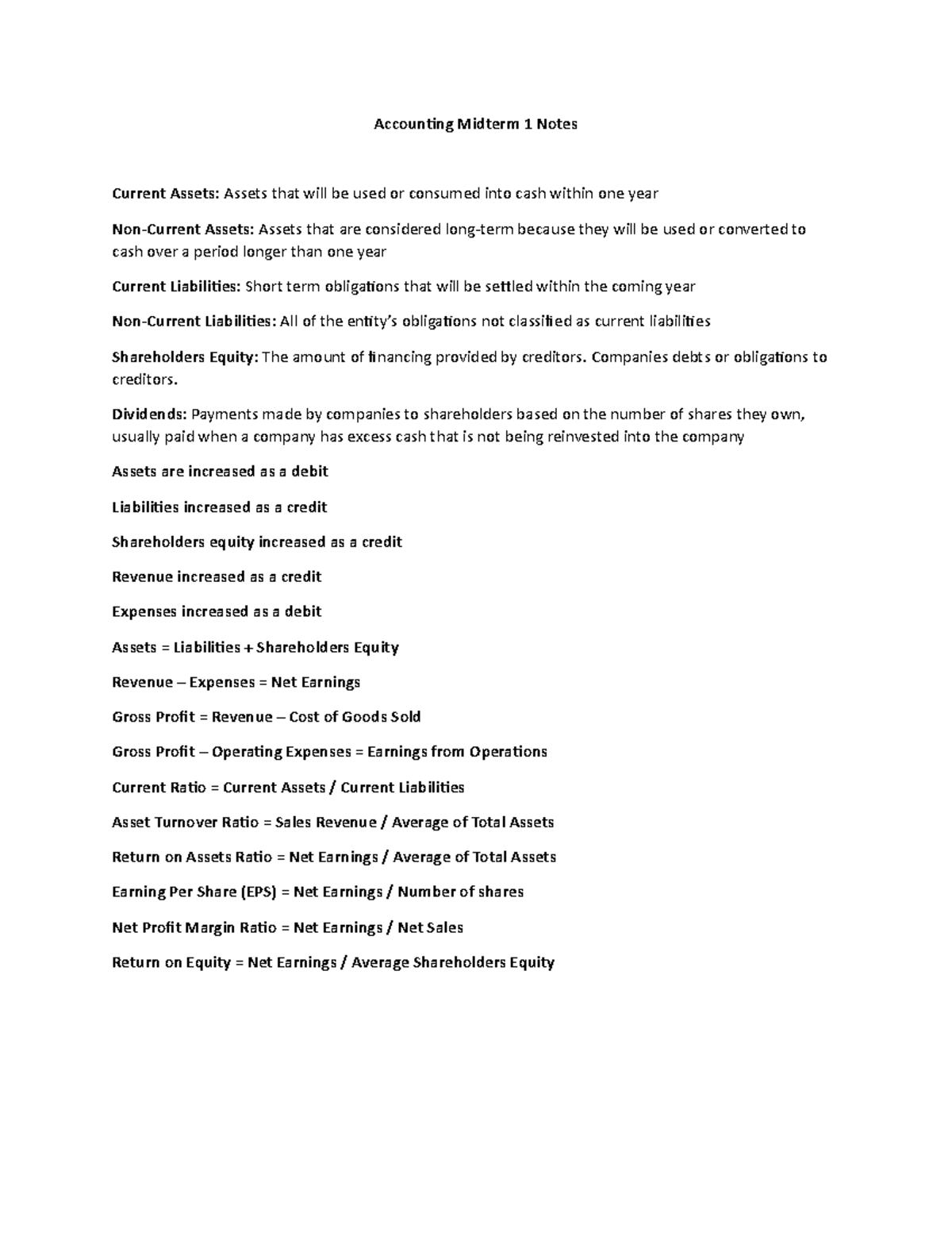 BU127 First Half Course Notes Accounting Midterm 1 Notes Current