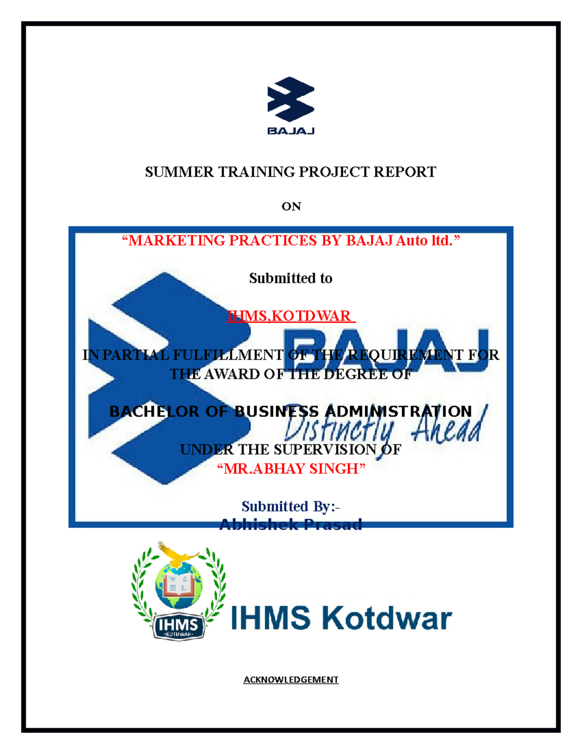 421683629 Internship Report of Bajaj Auto Ltd - SUMMER TRAINING PROJECT ...