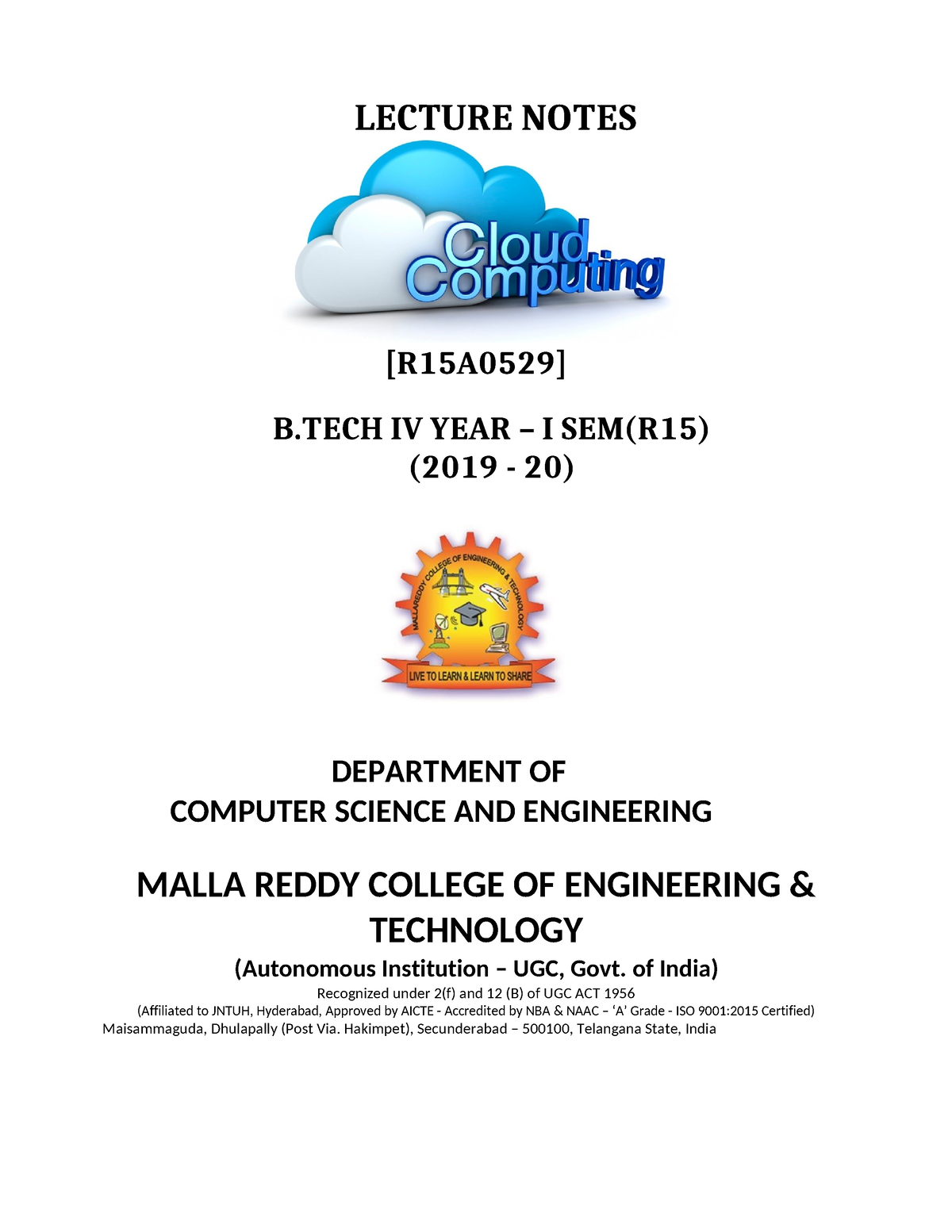 Cloud Computing Notes - LECTURE NOTES [R15A0529] B IV YEAR – I SEM(R15 ...