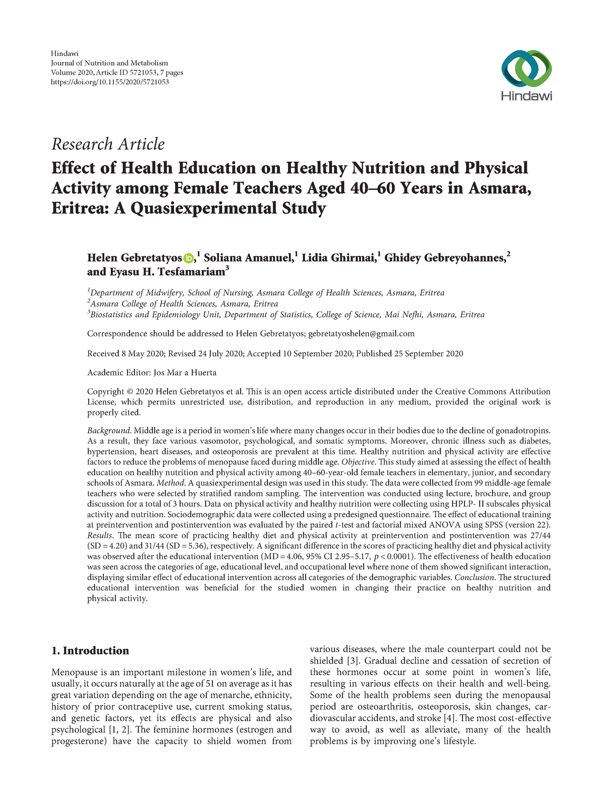 empirical research article on nutrition and health