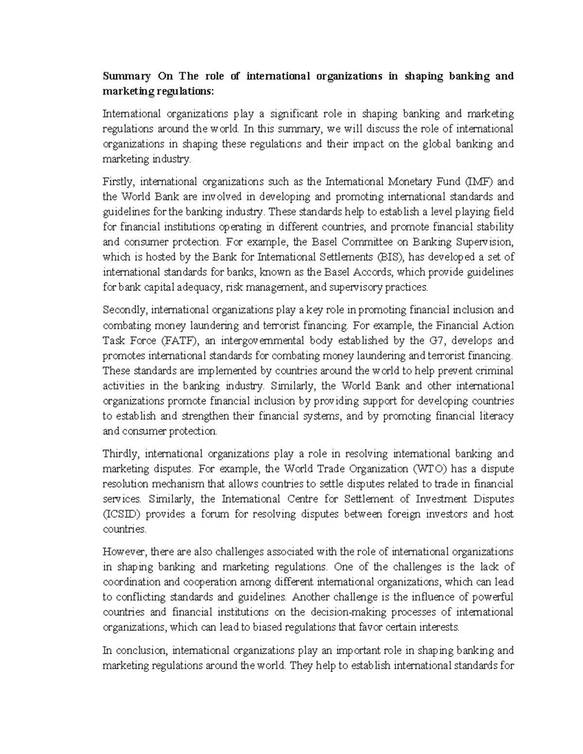 Summary On The role of international organizations in shaping banking ...