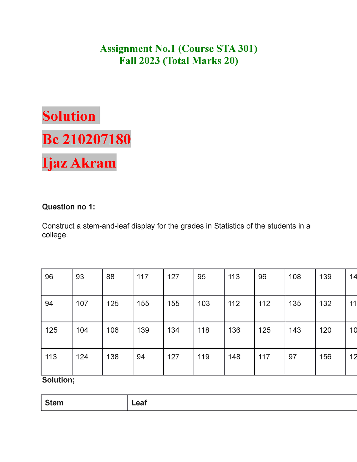 sta301 statistics and probability assignment 1 solution