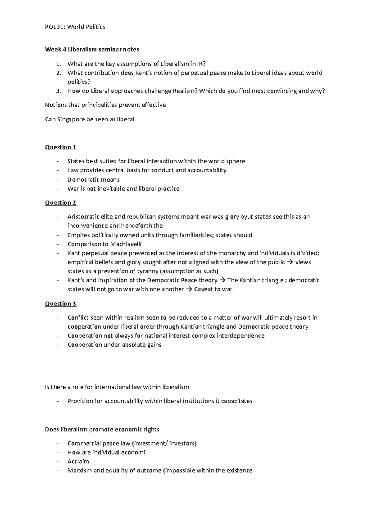 Week 3 Seminar notes - PO131: World Politics Week 4 Liberalism seminar ...
