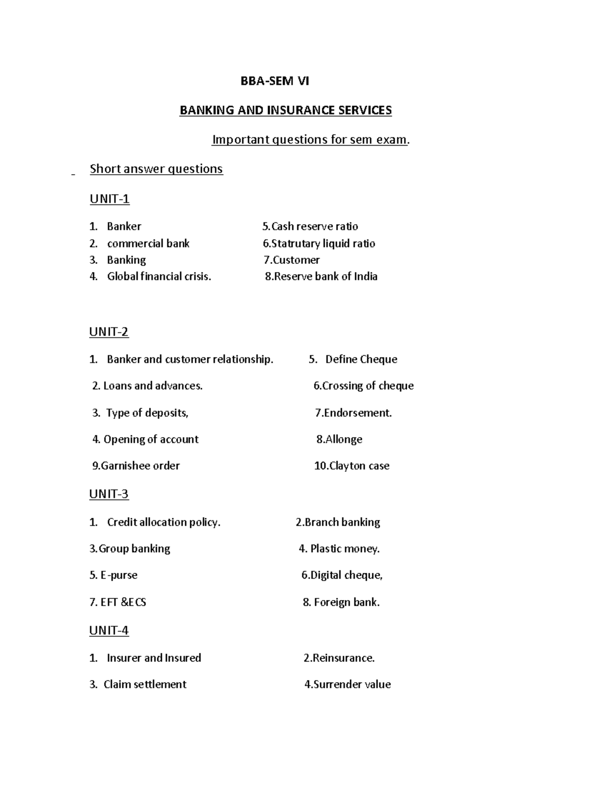 Banking and Insurance Question Bank BBASEM VI BANKING AND INSURANCE