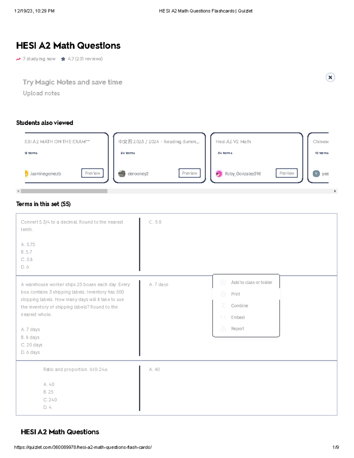 HESI A2 Math Questions Flashcards Quizlet - HESI A2 Math Questions 7 ...