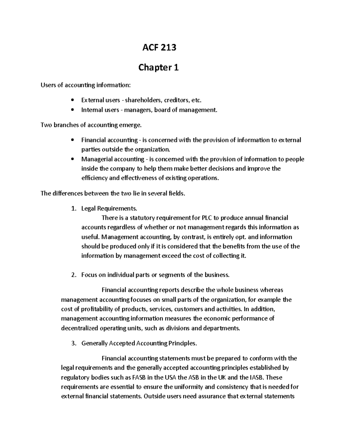 Accounting and Finance 213 - ACF 213 Chapter 1 Users of accounting ...