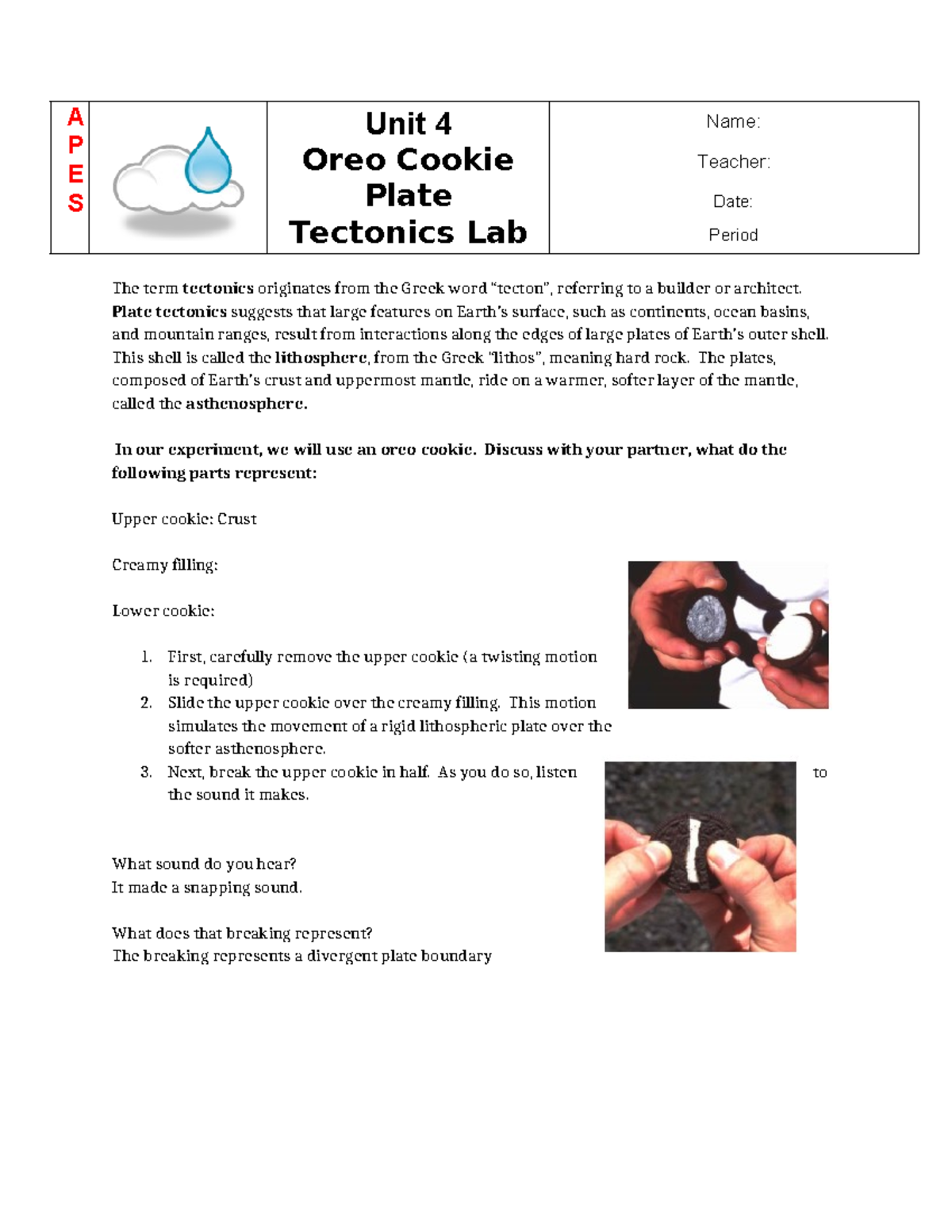 Oreo Plate tectonics Lab - A P E S Unit 4 Oreo Cookie Plate Tectonics ...