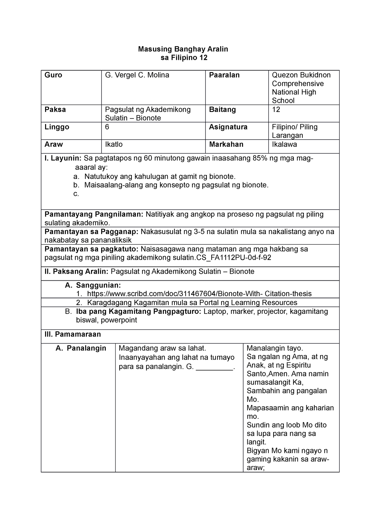 Detailed Lesson Plan Bionote - Masusing Banghay Aralin Sa Filipino 12 ...