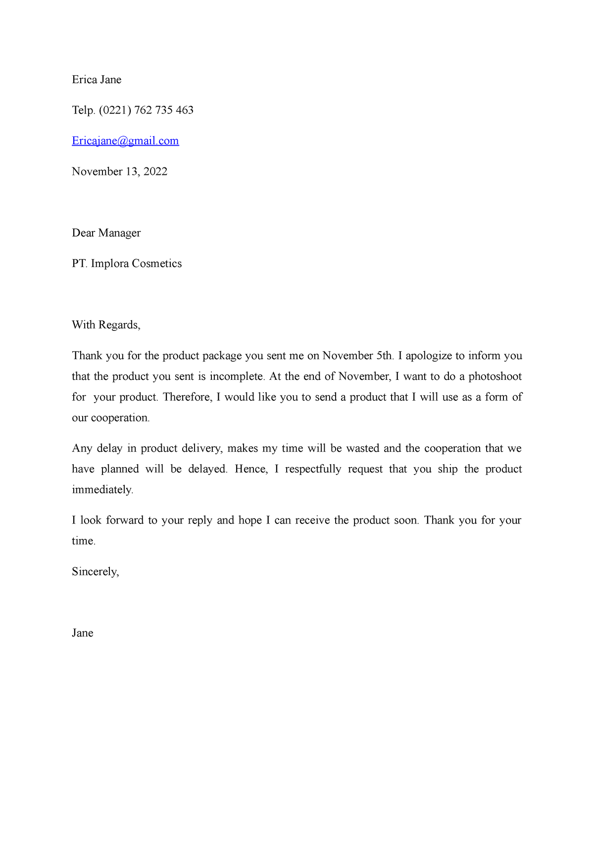 A Request Letter - Erica Jane Telp. (0221) 762 735 463 Ericajane@gmail ...