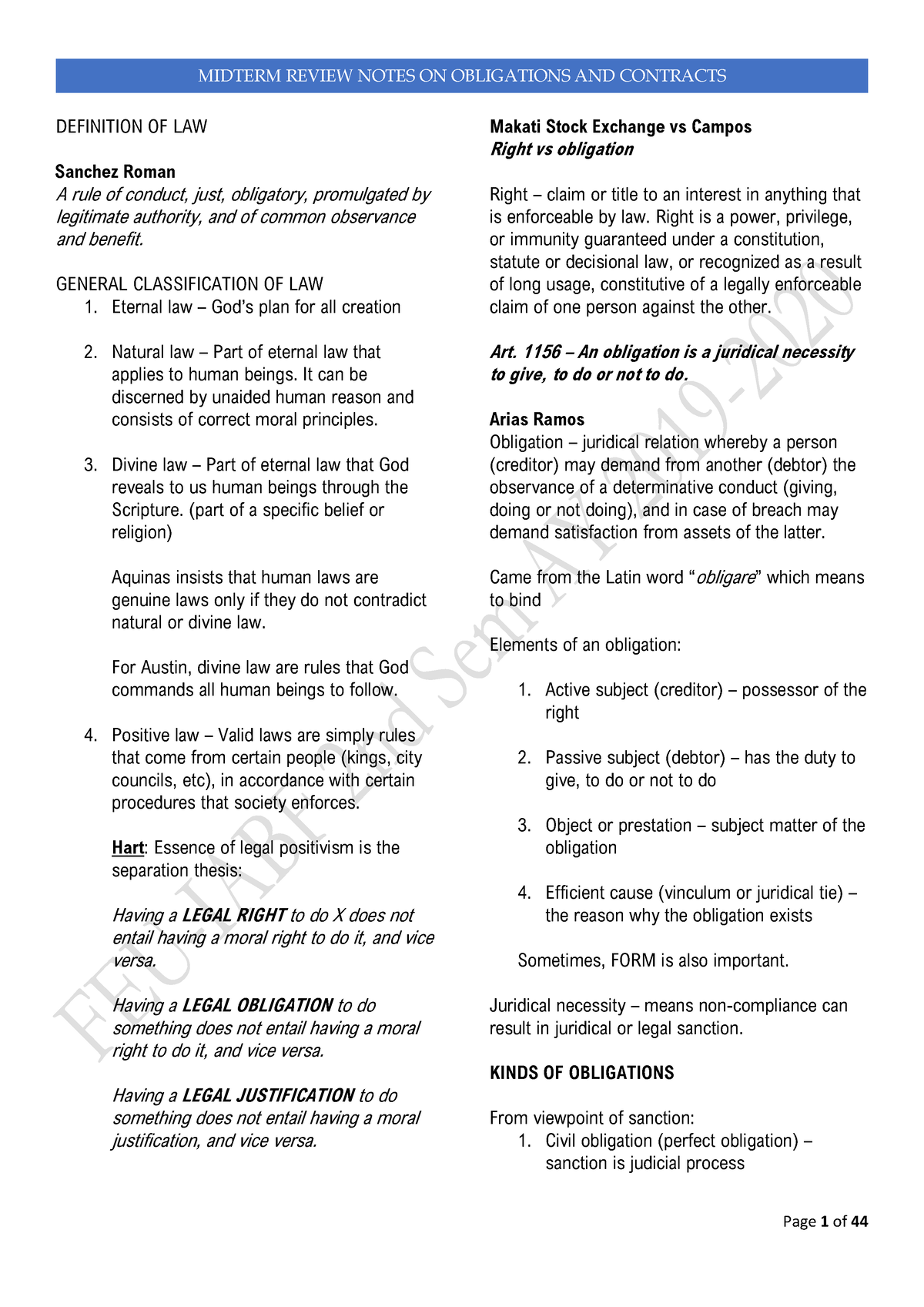 Lecture Notes For Oblicon - DEFINITION OF LAW Sanchez Roman A Rule Of ...