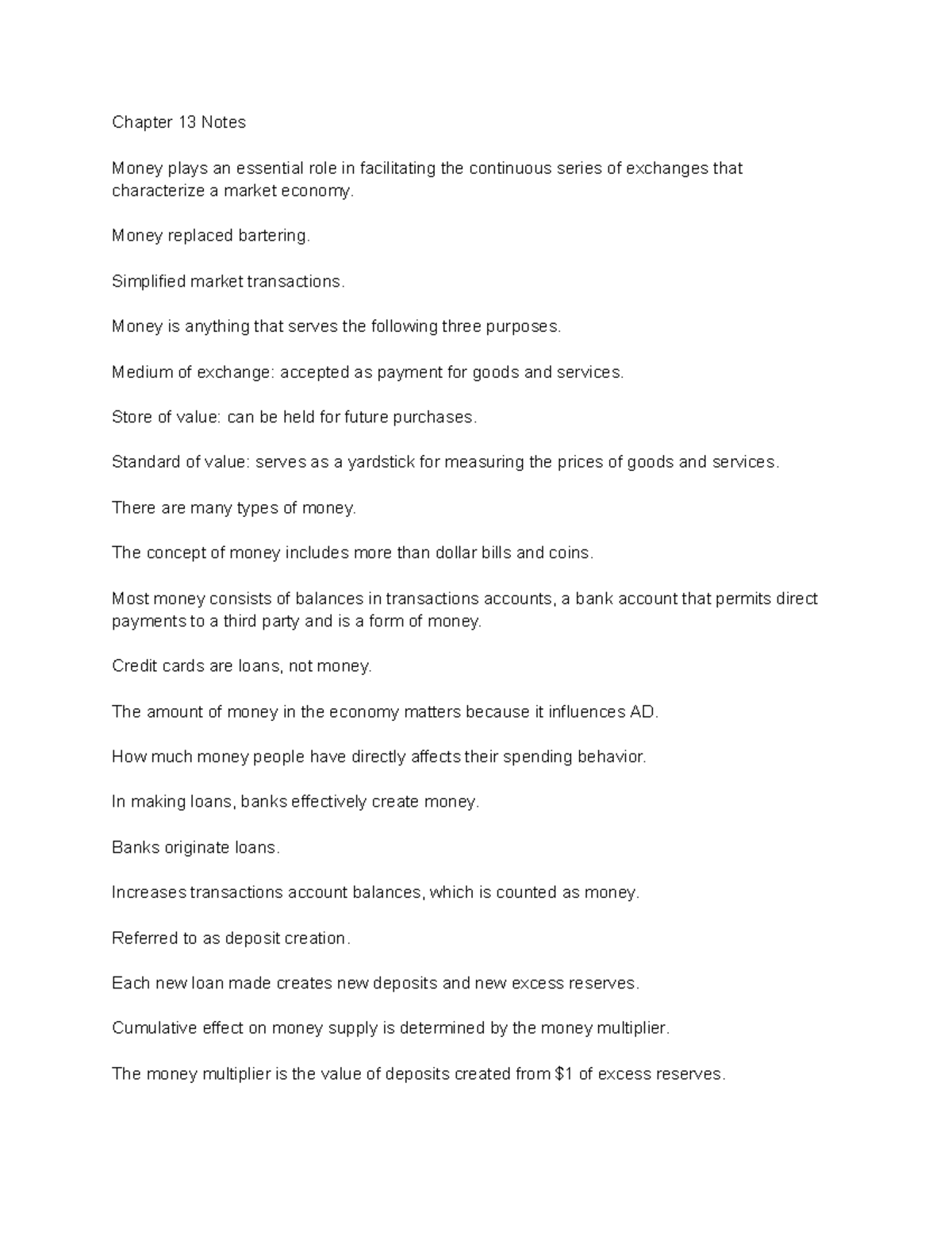 Chapter 13 Notes - Google Docs - Chapter 13 Notes Money plays an ...
