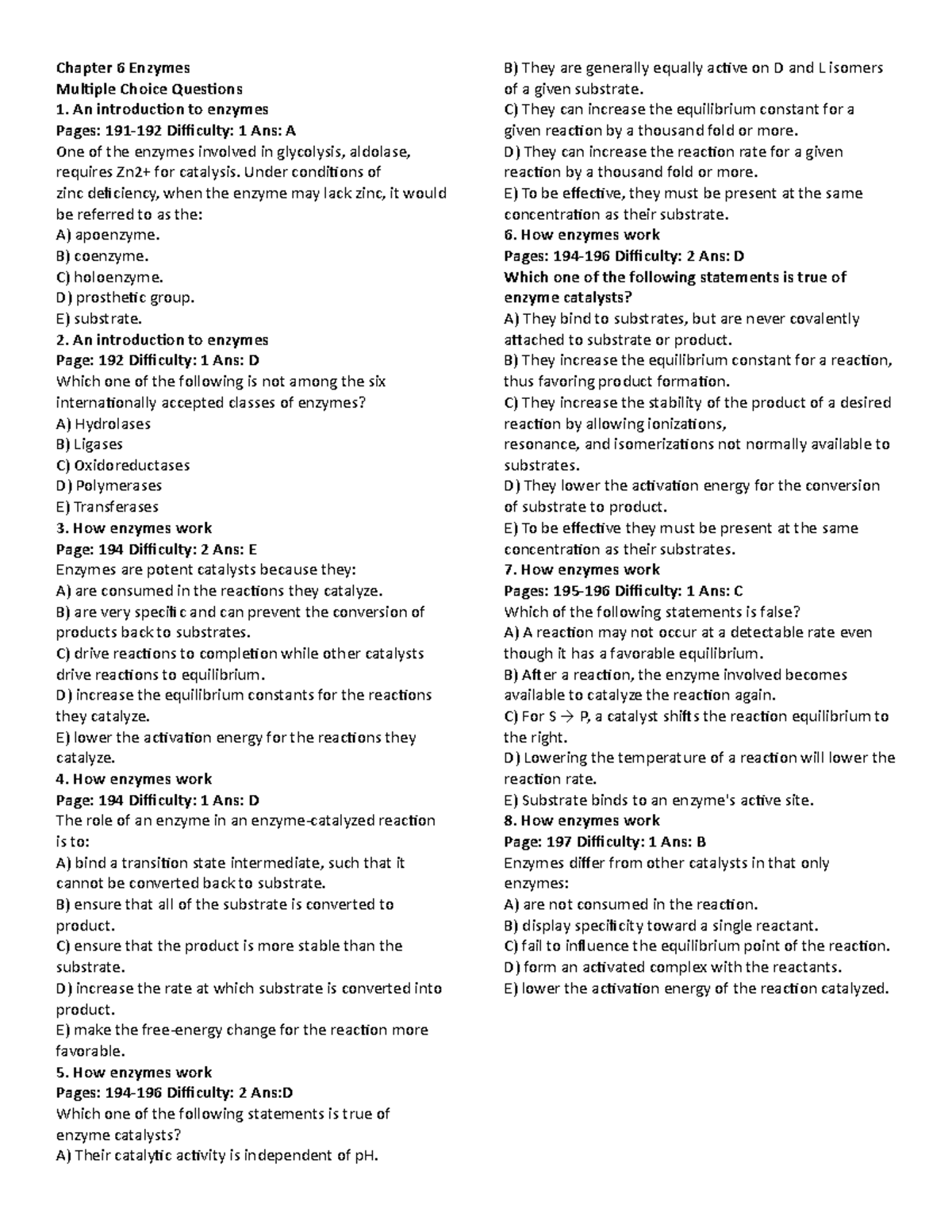 Chapter 6 Enzymes - mcq related to chap 6 - Chapter 6 Enzymes Multiple ...
