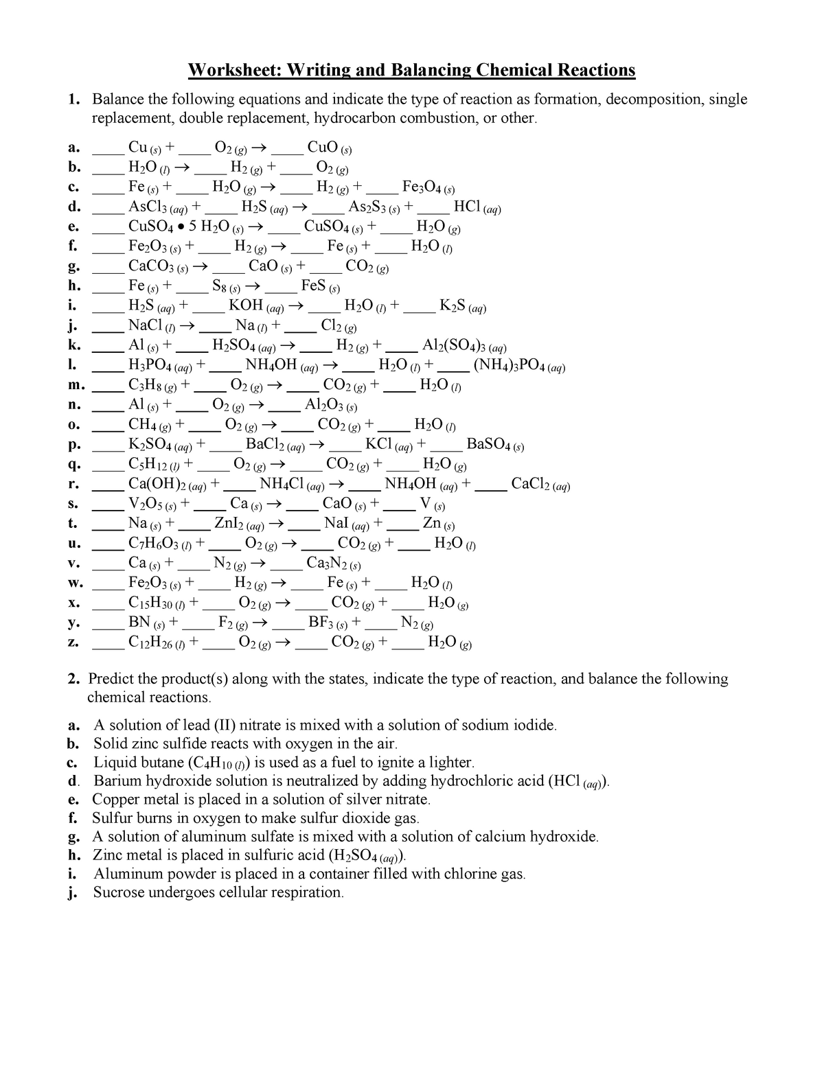 Worksheet Balancing Chemical Equations with type of reaction With Regard To Types Of Reactions Worksheet