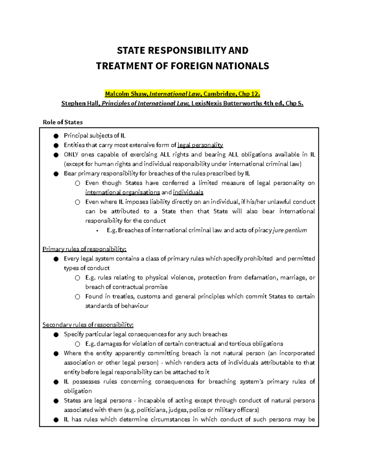 06 State Responsibility And Treatment Of Foreign Nationals STATE 