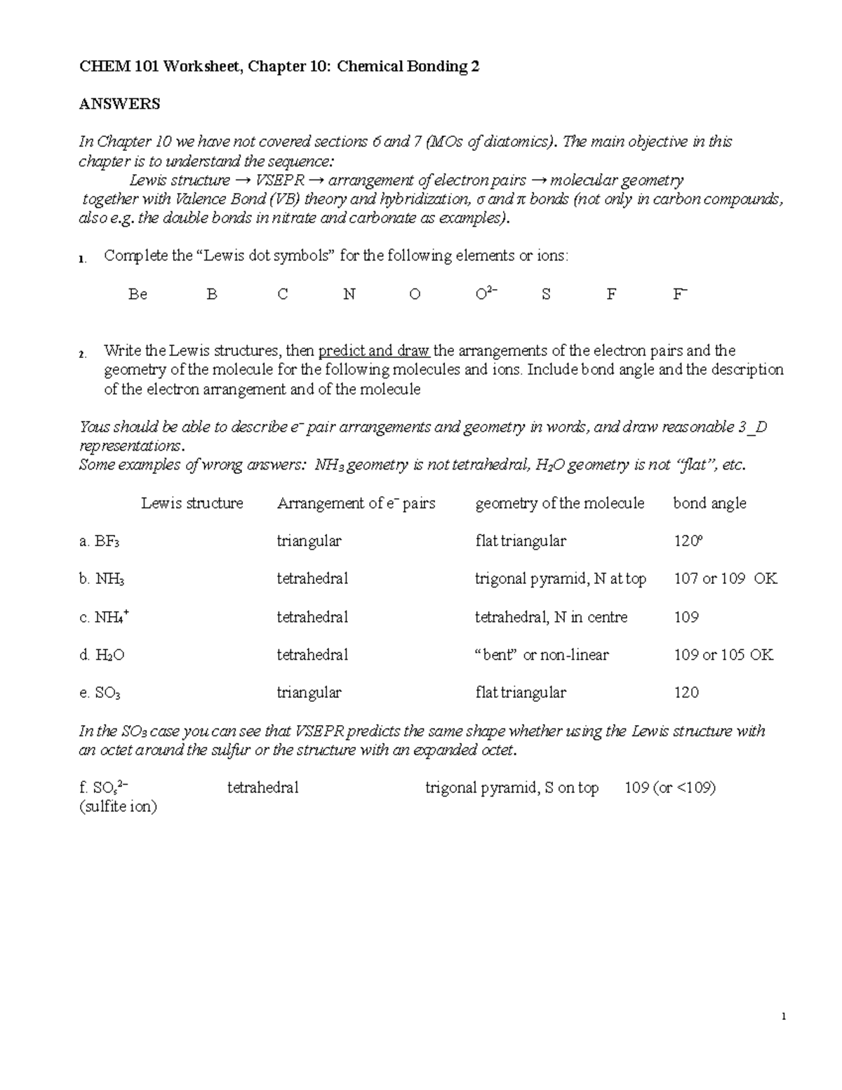 Worksheet Chapter 10 Answers NEW - CHEM 101 Worksheet, Chapter 10 ...