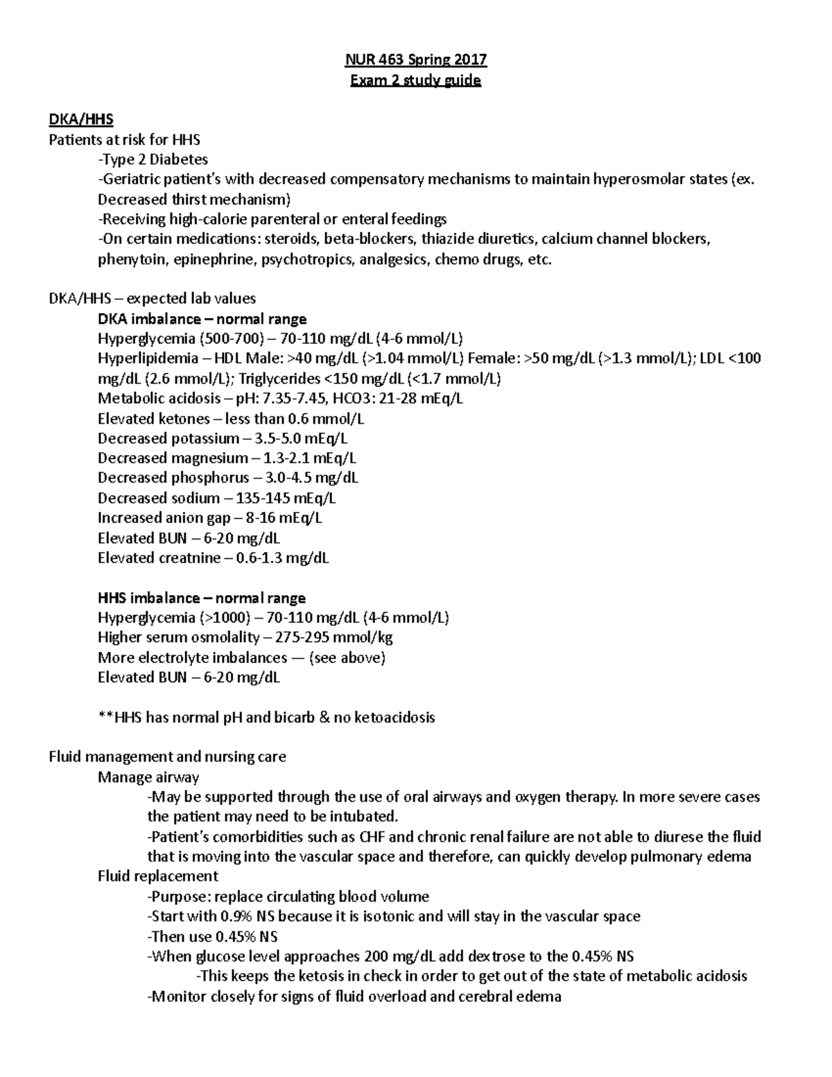 Exam+2+study+guide+-2 - NUR 463 Spring 2017 Exam 2 study guide DKA/HHS ...