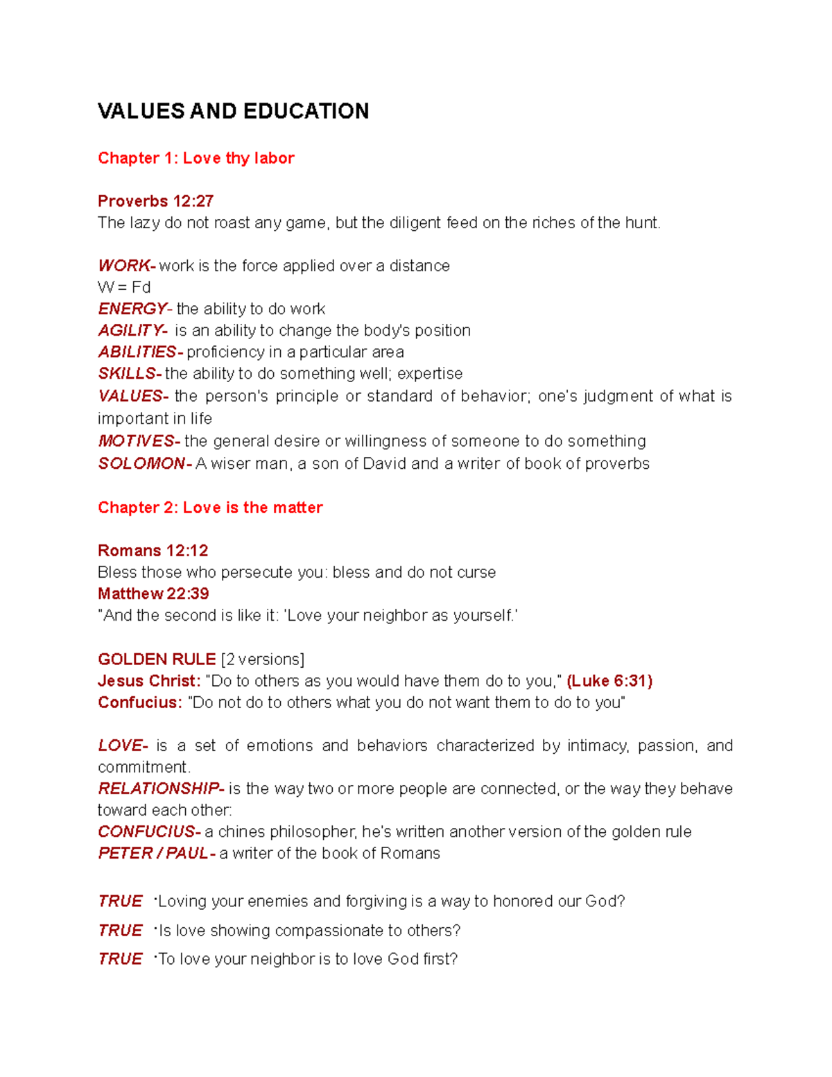 Values AND EDUC Reviewer - VALUES AND EDUCATION Chapter 1: Love thy ...