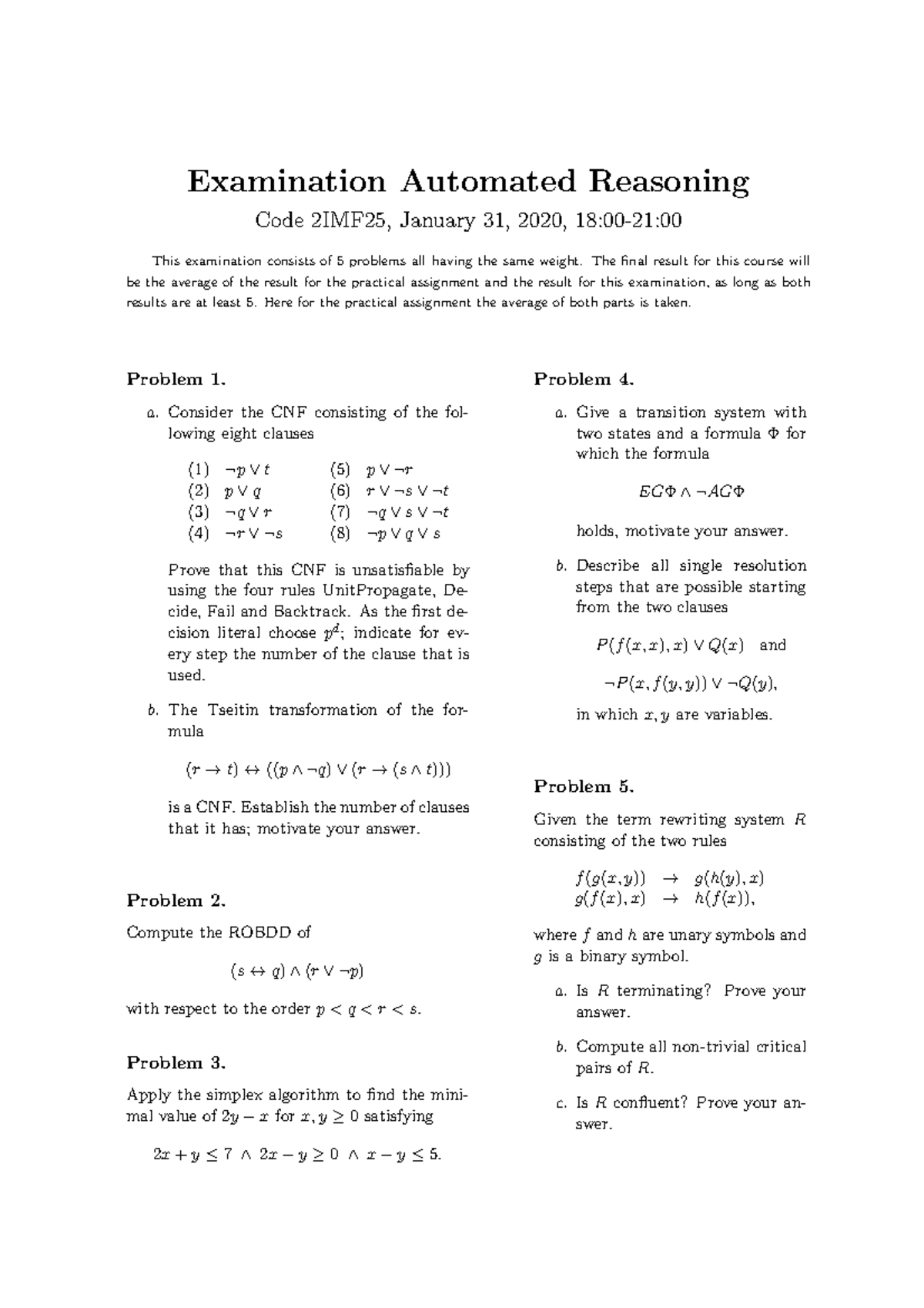 Exam2020 Examen Examination Automated Reasoning Code 2IMF25