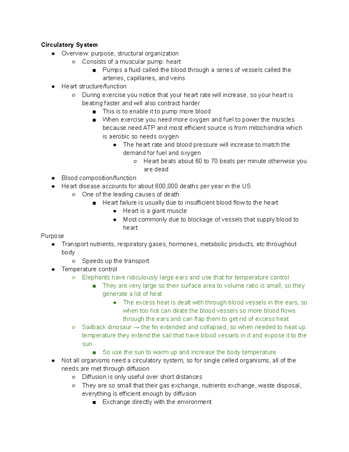 Circulatory System - Notes - Circulatory System Overview: purpose ...