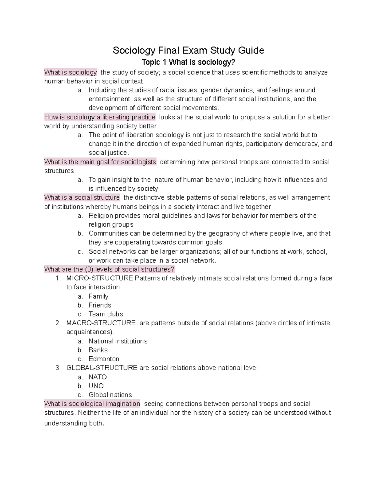 Final Exam Study Guide - Sociology Final Exam Study Guide Topic 1 What ...