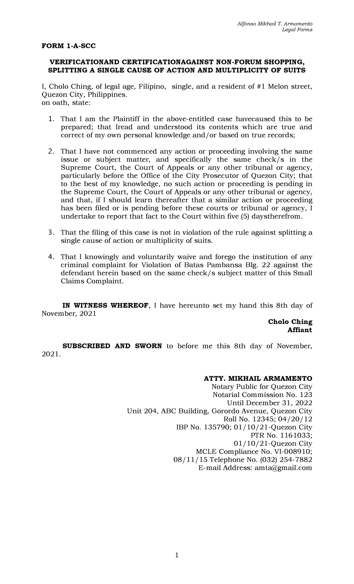 An pdf - Atty. Paypal - Legal Forms FORM 1-A-SCC VERIFICATIONAND ...