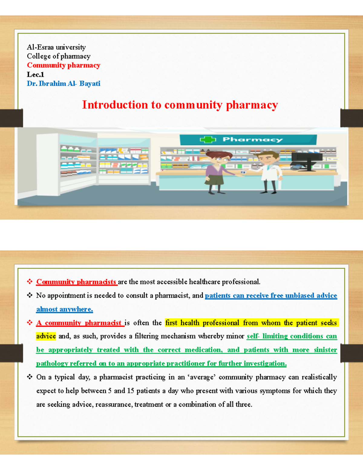 Introduction to community pharmacy - Al-Esraa university College of ...