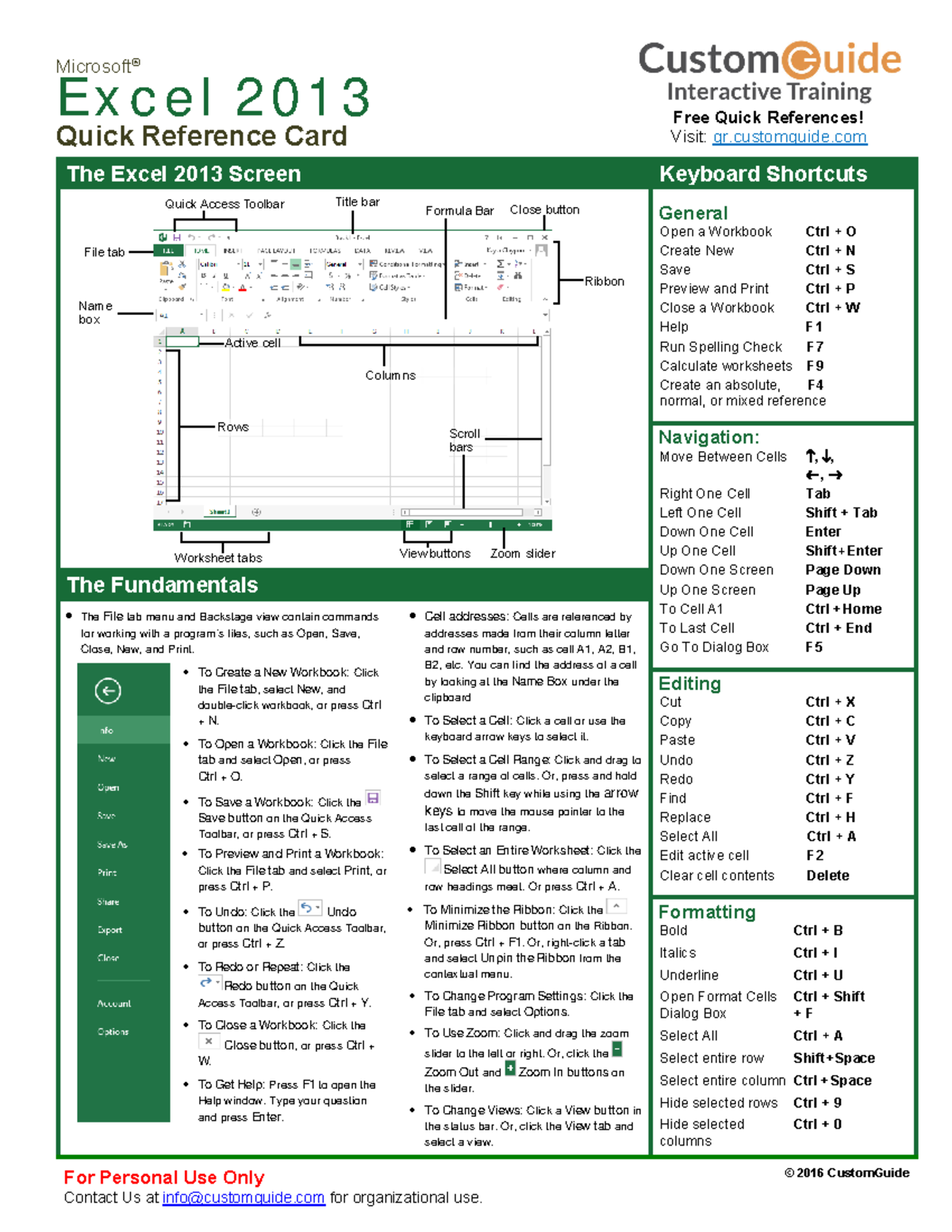 Excel 2013 quick reference - Microsoft ® Ex c e l 2 0 1 3 Quick ...