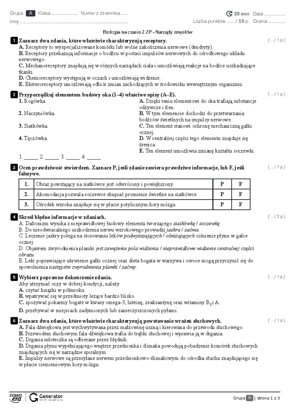 Biologia na czasie 2 ZP - Narzady zmysow Test z widoczna punktacja