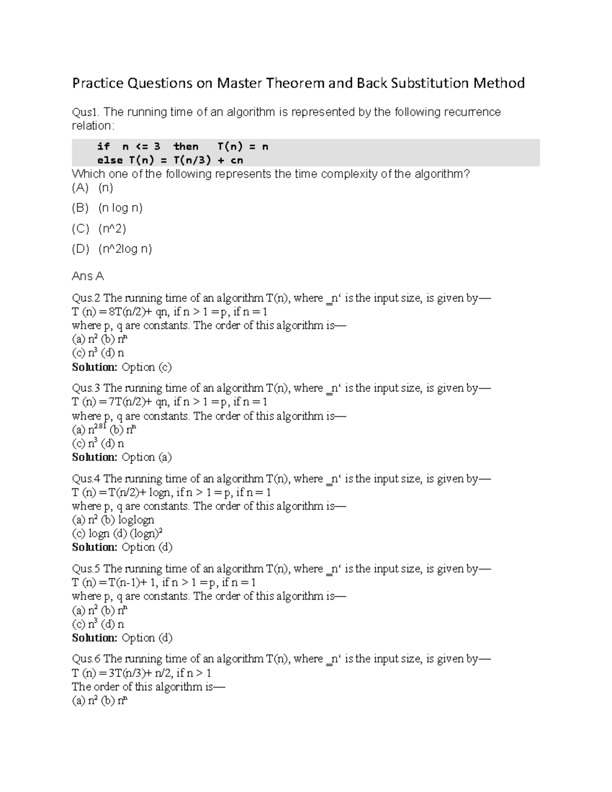 Practice Questions on Master Theorem and Back Substitution Method - The ...