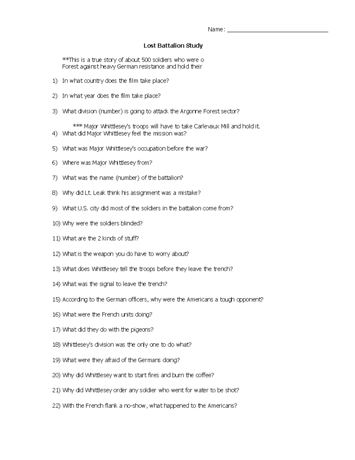 Lost Battalion Movie Questions Lost Battalion Study Guide **This is a true story of about 500