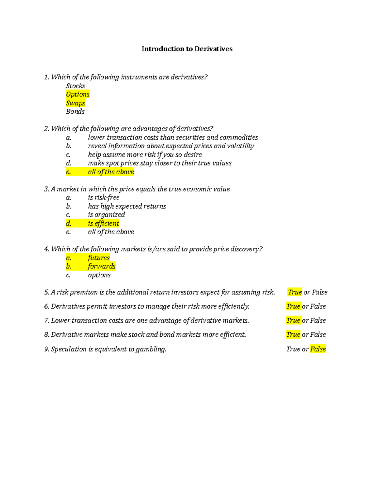 In Class Examples on Introduction to Derivatives - Introduction to ...