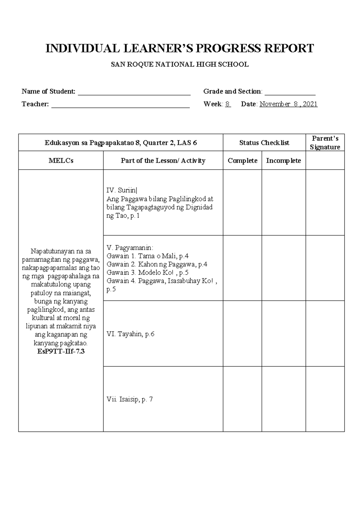ILPR ESP8 WEEK 8 - Independent Learning Progress Report - INDIVIDUAL ...