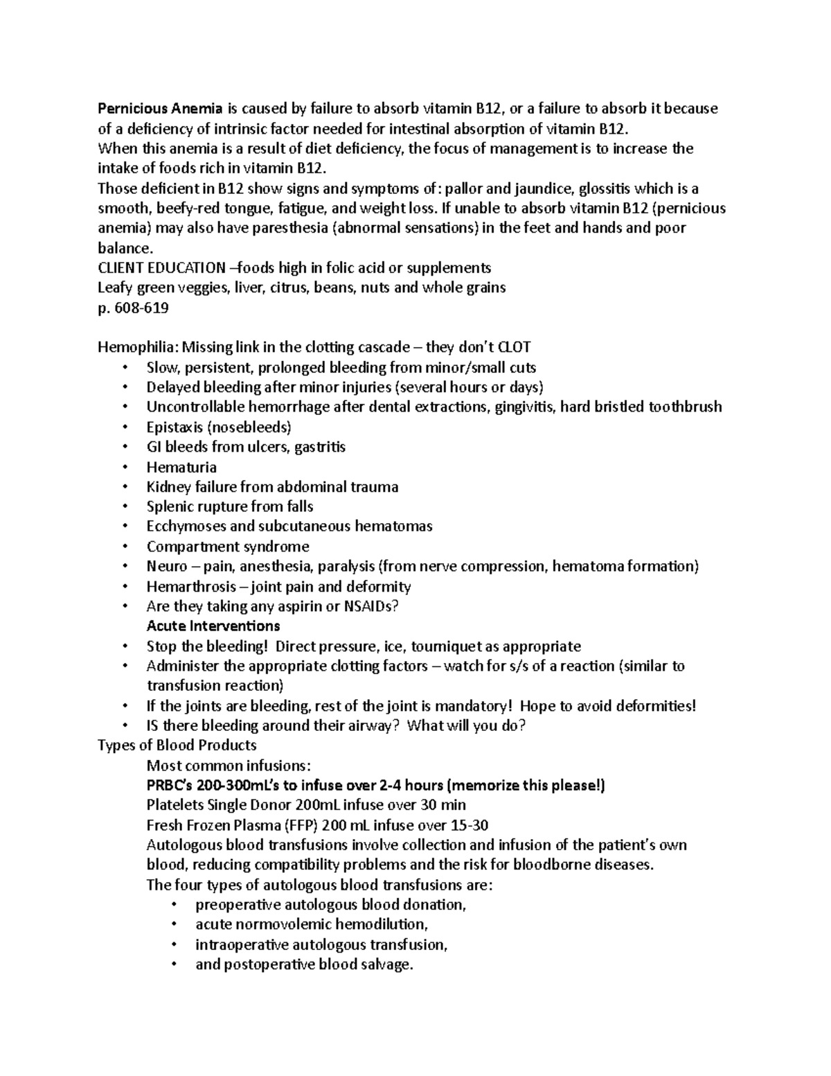NSG-320 Topic 6 - Lecture Notes - Pernicious Anemia is caused by ...