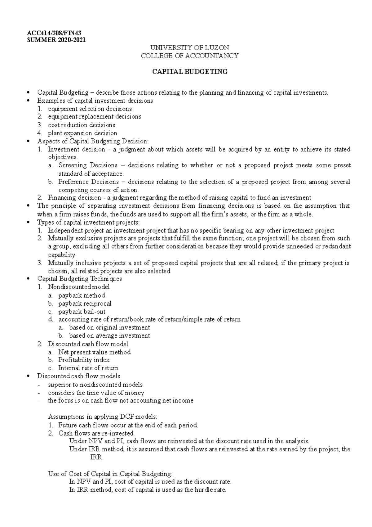 Capital Budgeting Lecture Notes 1 Compress Acc414 308 Fin Summer 2020