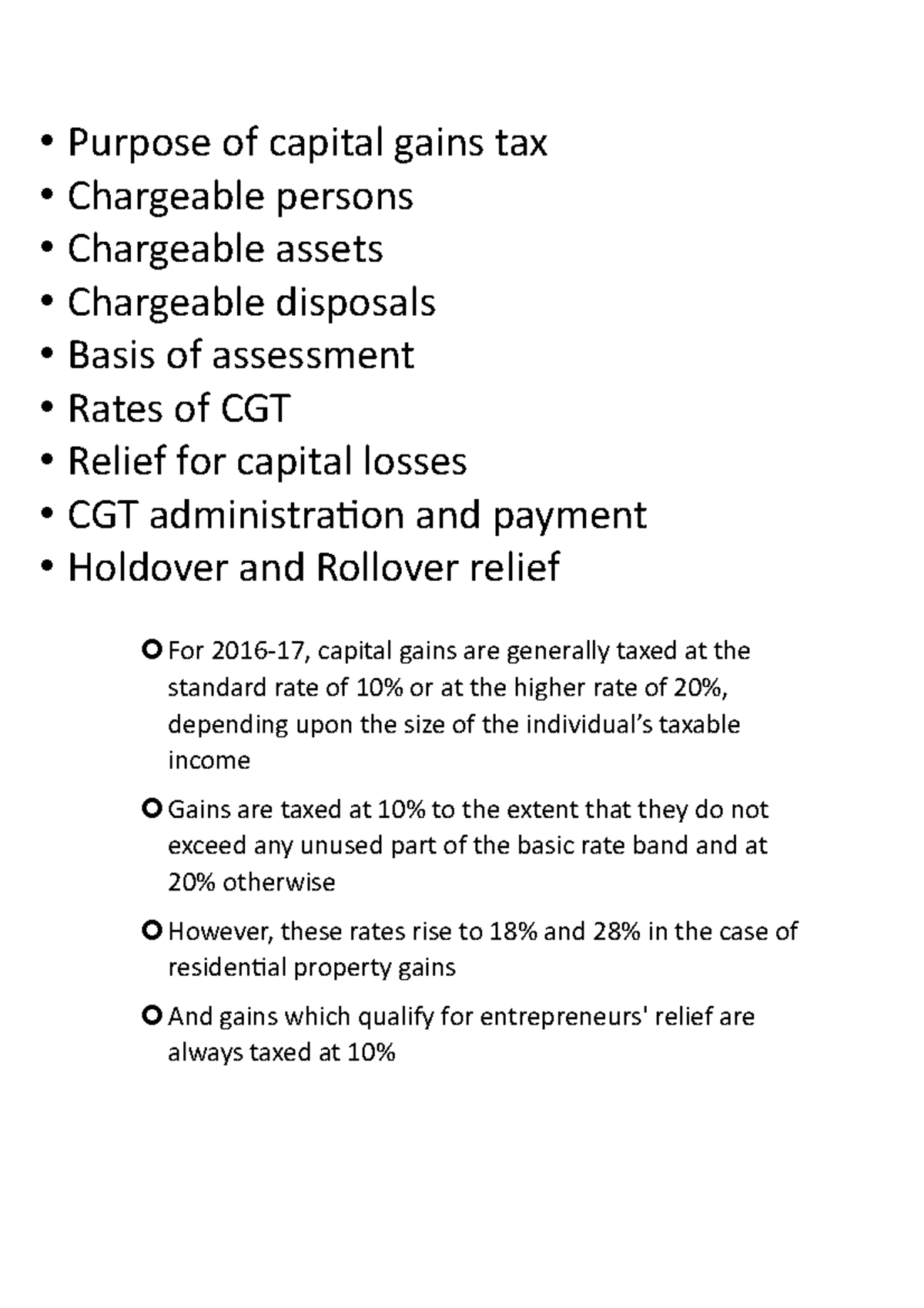 Tax lec 6 - notes - • Purpose of capital gains tax • Chargeable persons ...