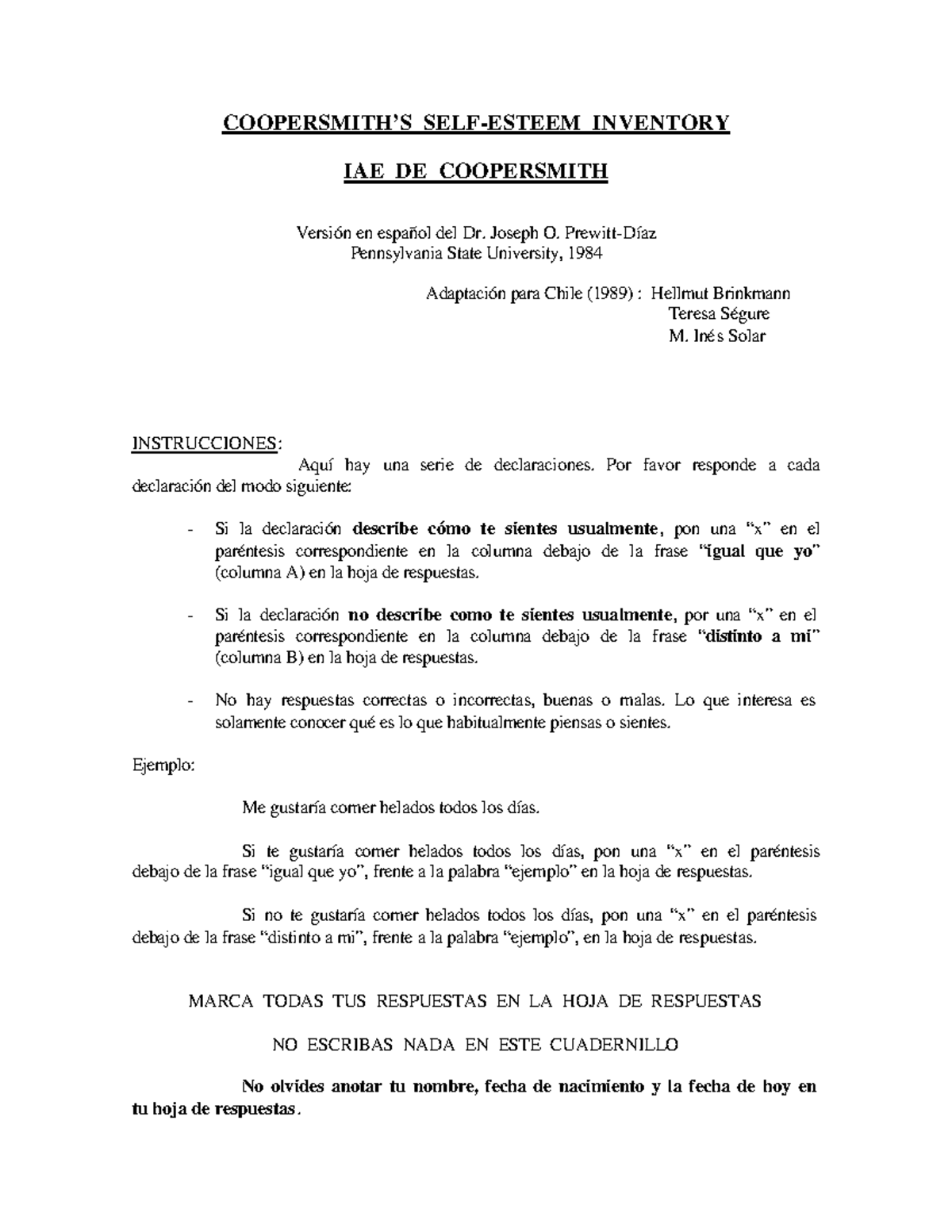 Coopersmith escolar - COOPERSMITH'S SELF-ESTEEM INVENTORY IAE DE ...