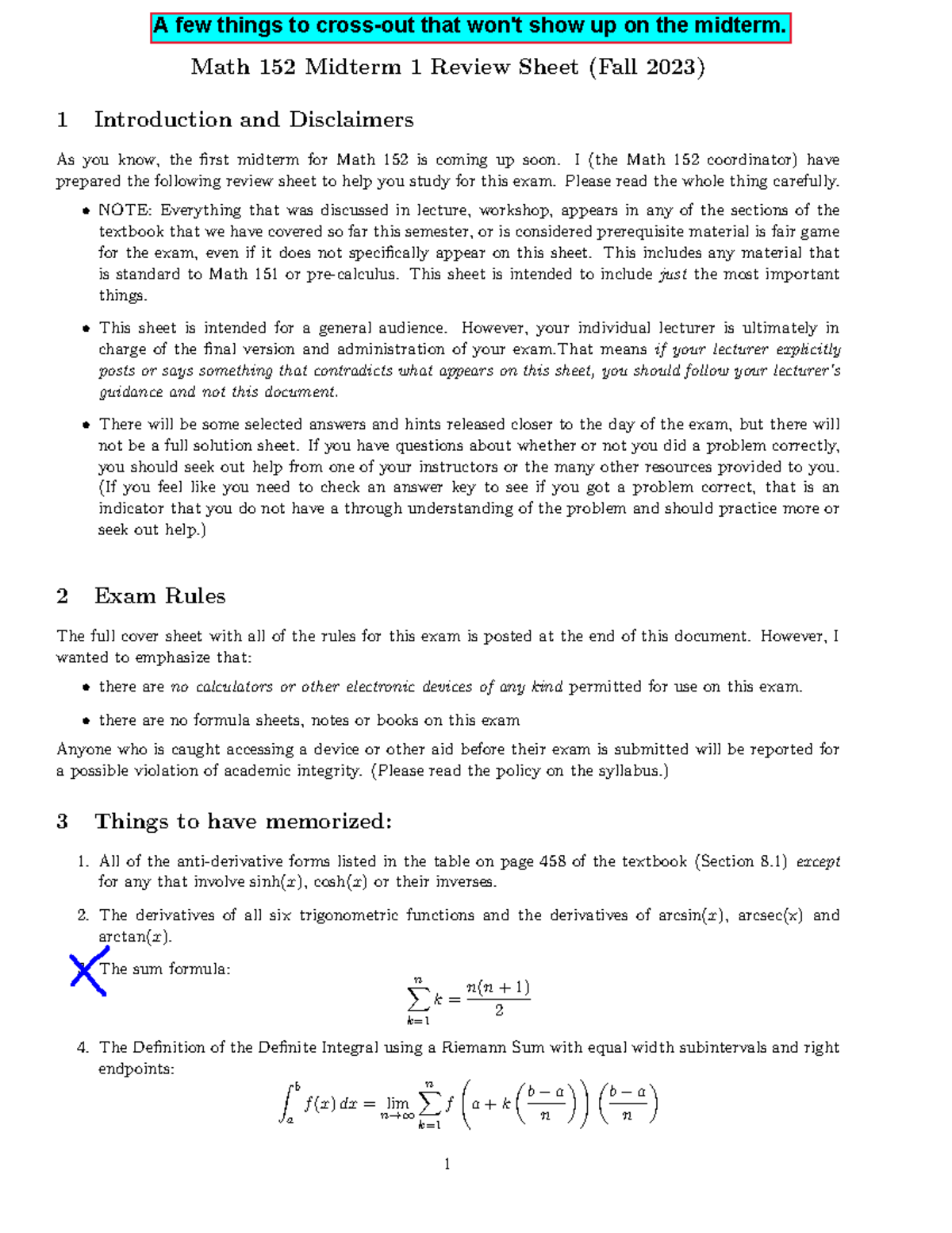Midterm 1 Review Sheet - mod - Math 152 Midterm 1 Review Sheet (Fall ...