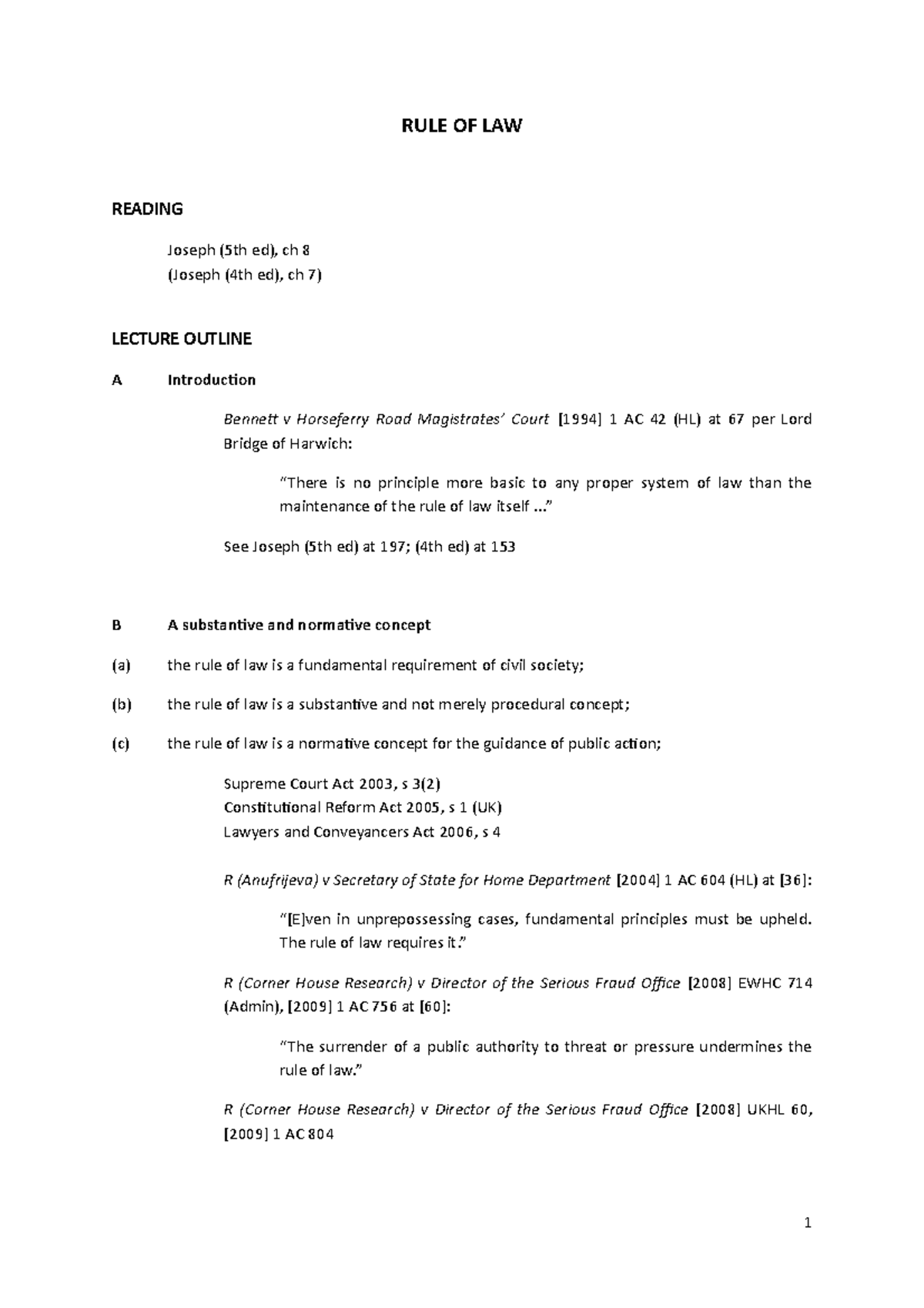 Rule of Law - Lecture outline 2021 final - RULE OF LAW READING Joseph ...