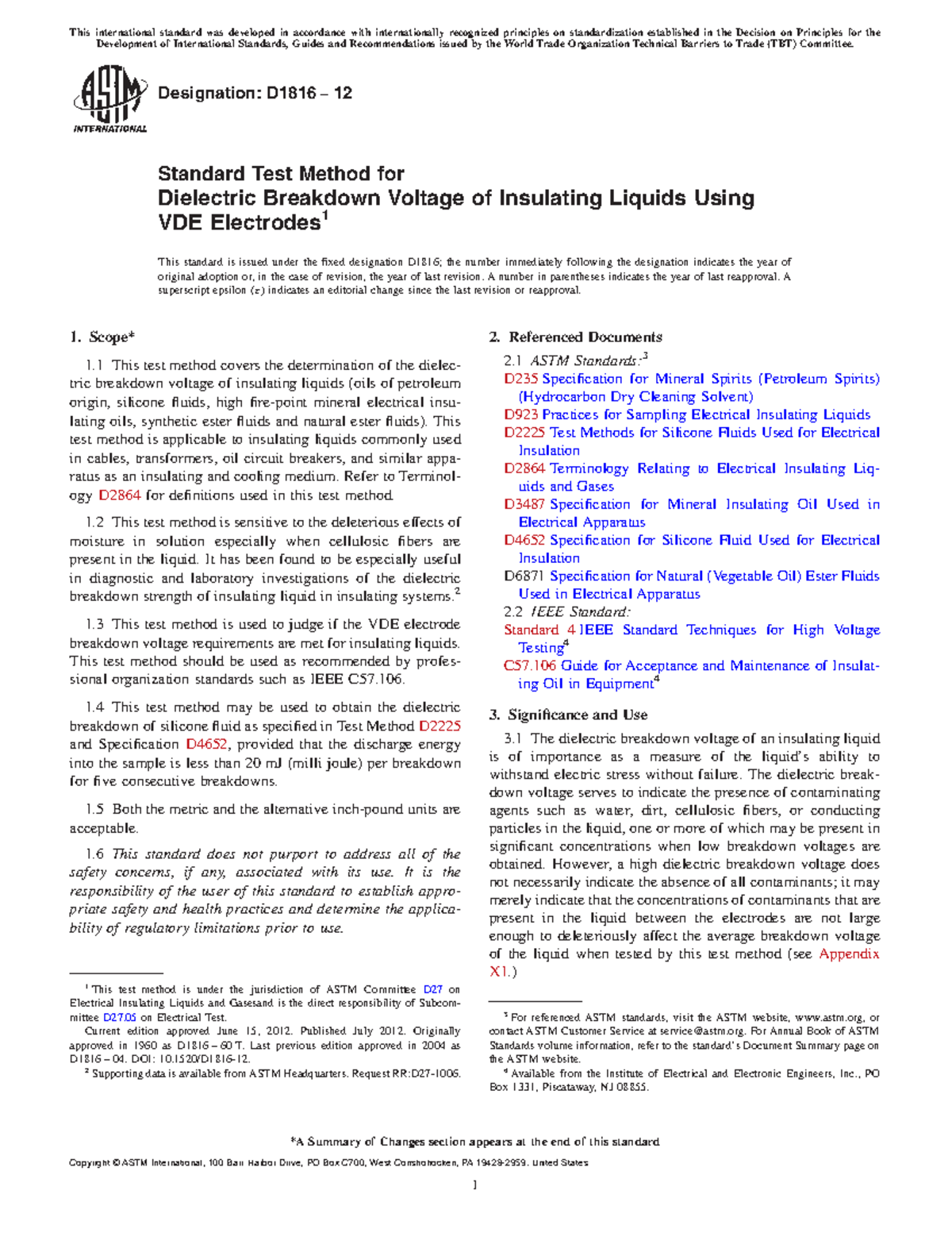 D1816 standard on oil insulation - Designation: D1816− 12 Standard Test ...