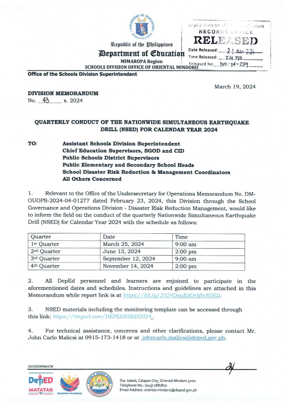 DM-43 Quarterly-Conduct-of-the-Nationwide-Simultaneous-Earthquake-Drill ...