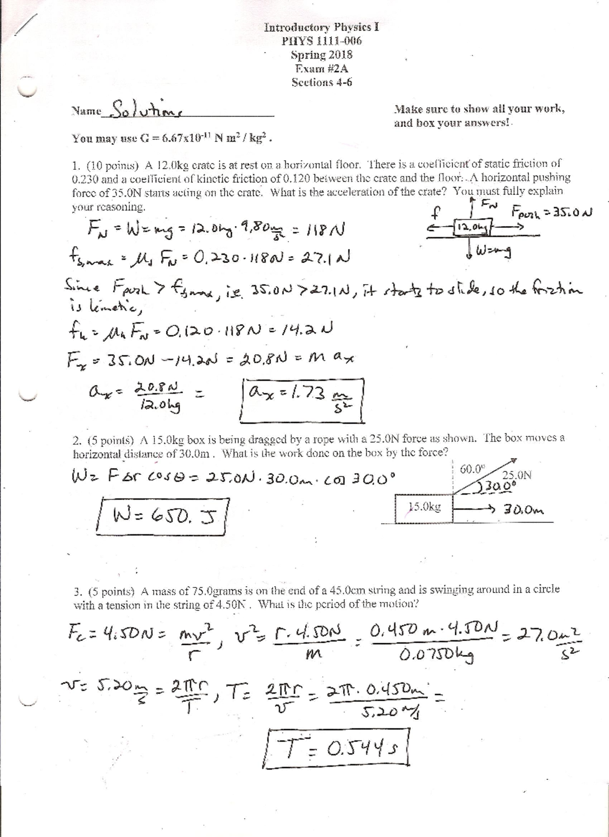 PHYS1111 2018 01 Spring Exam #2 Sol - PHYS 000 - Studocu