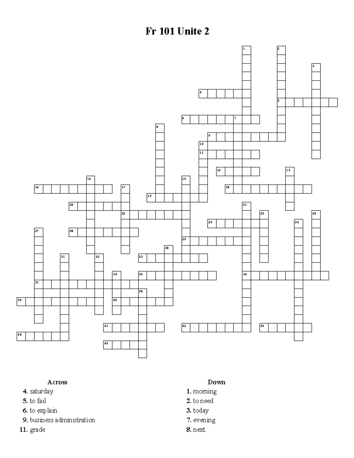 FR 101 Unité 2 Crossword vocabulary - Fr 101 Unite 2 1 2 3 4 5 6 7 8 9 ...