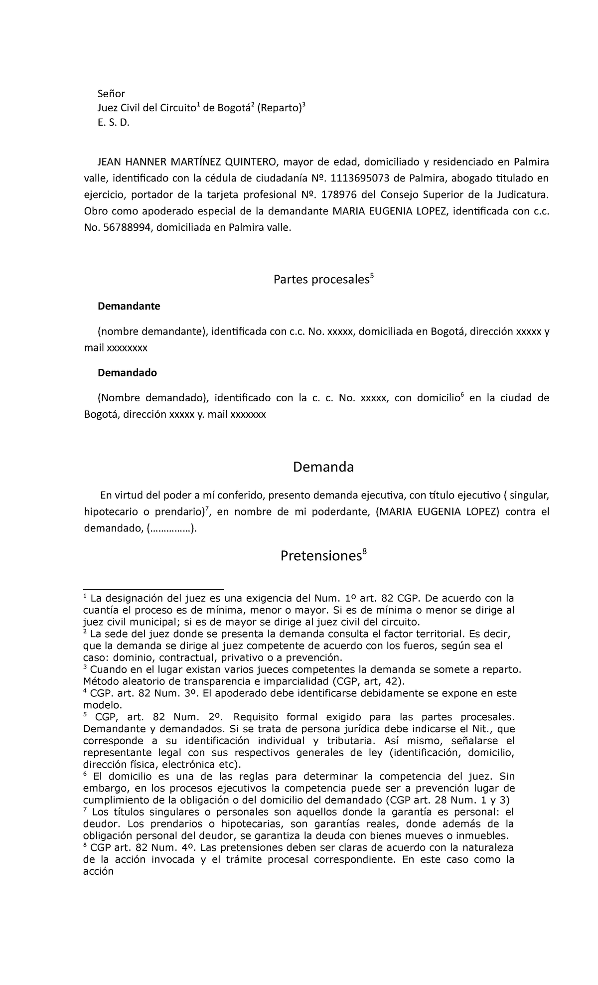 Modelo- Demanda- Ejecutiva - Señor Juez Civil Del Circuito 1 De Bogotá ...