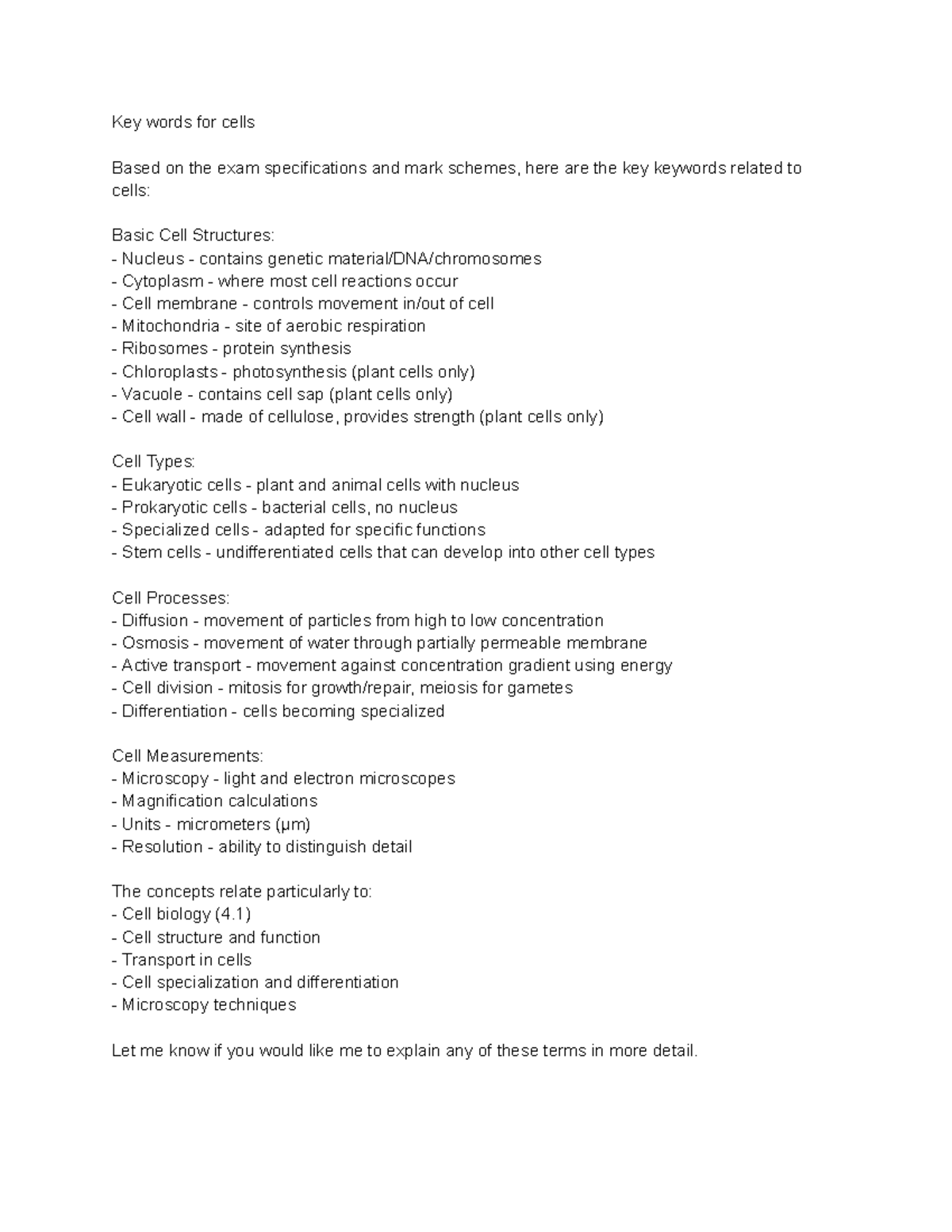 Key words for cells - Notes on Biology - Key words for cells Based on ...