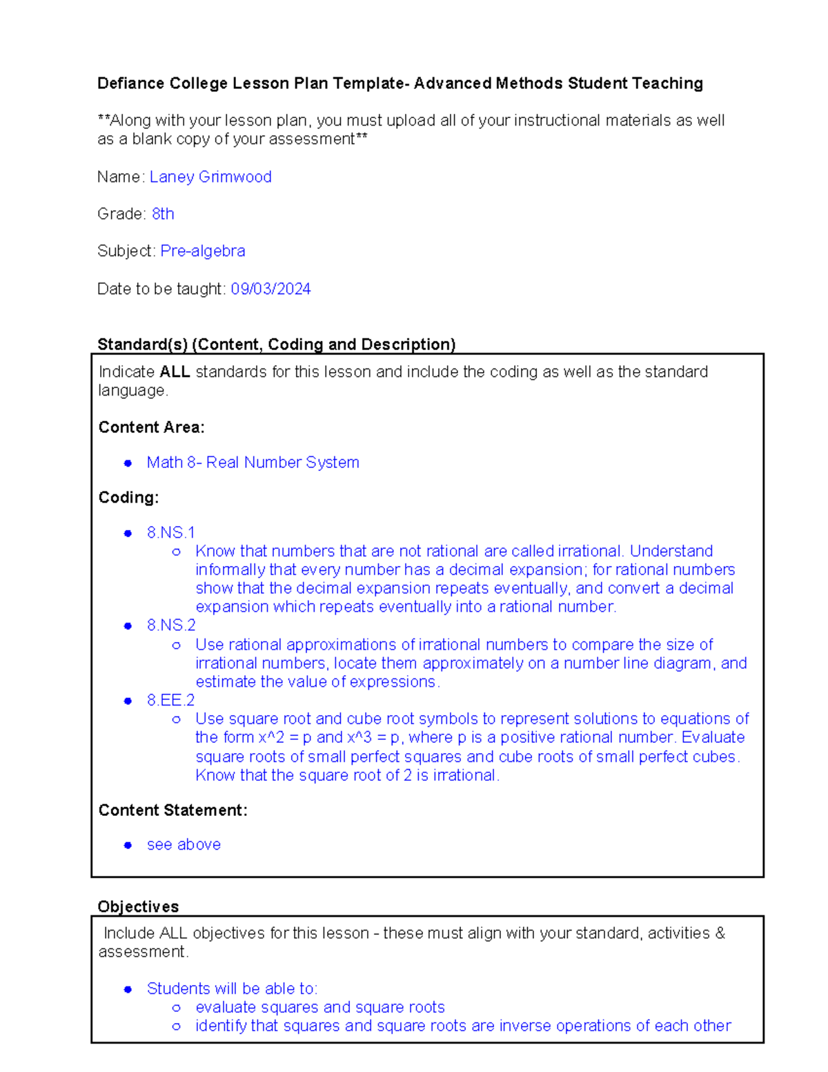 Lesson Plan for Math 8 - Defiance College Lesson Plan Template ...