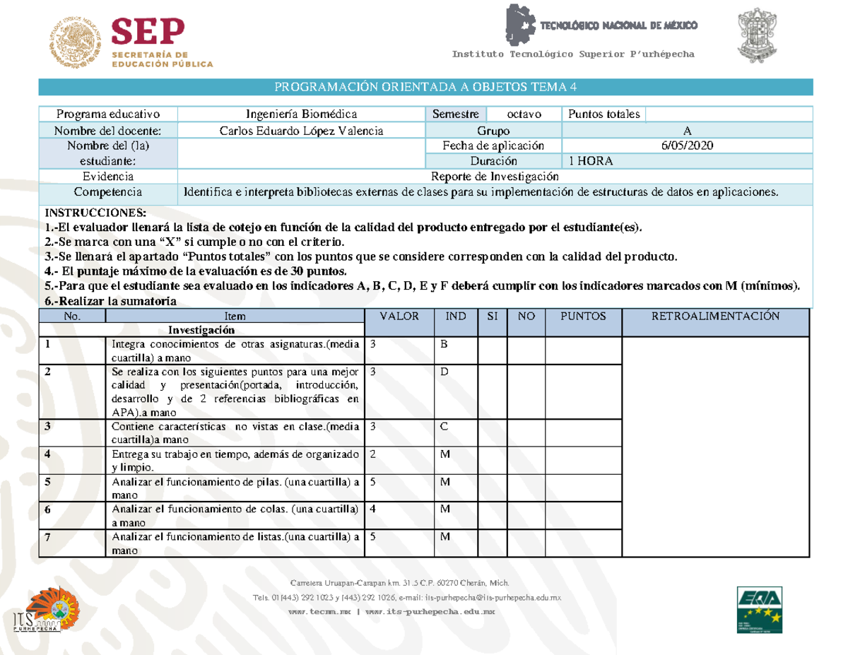 Lista DE Cotejo TEMA 4 Reporte DE Investigación-POO BIO - Carretera ...