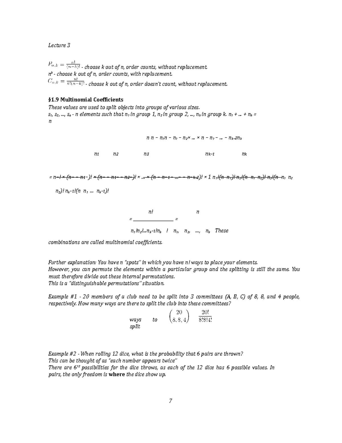 Multinomial Coefficients - Lecture 3 choose k out of n, order counts ...